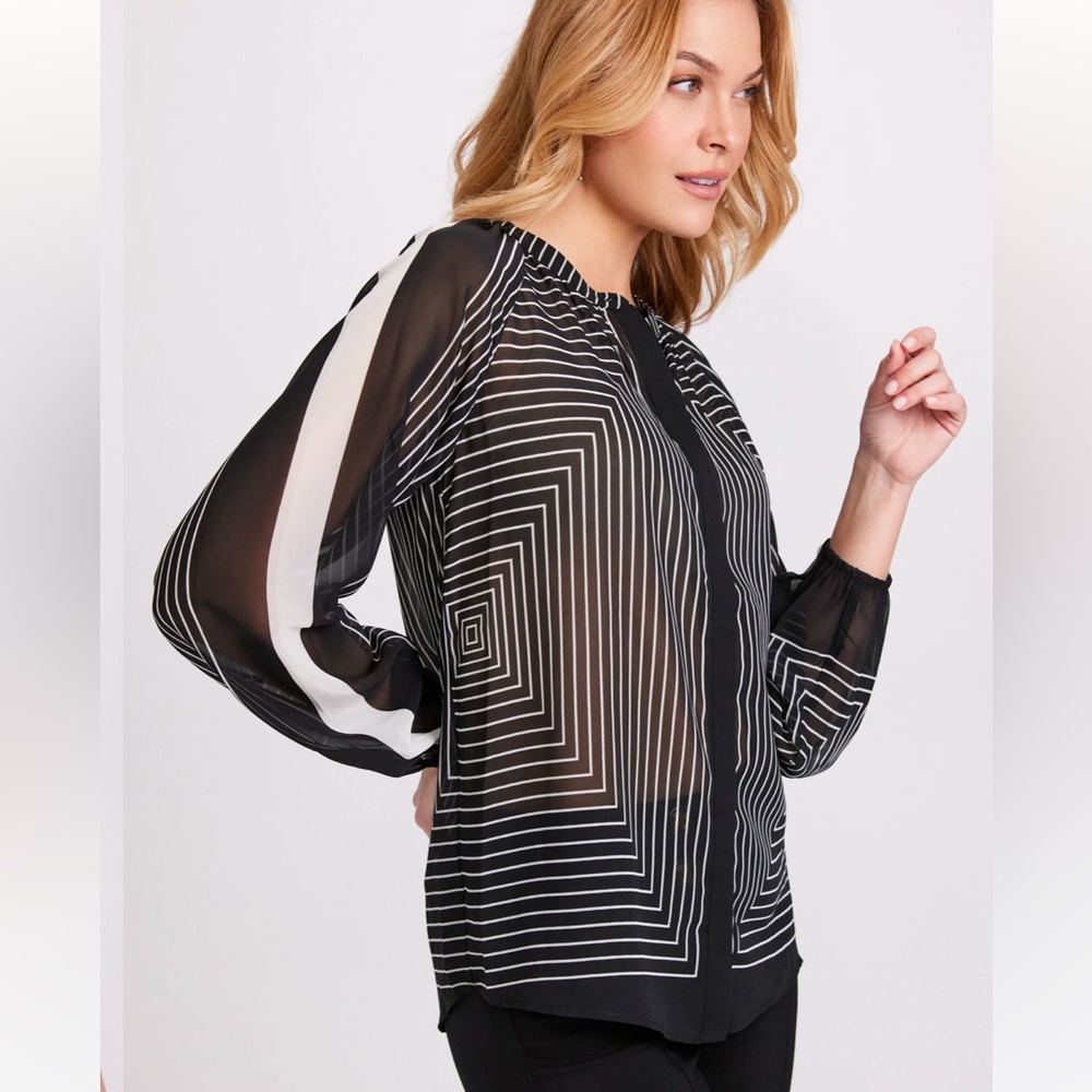 Laura Mixed Stripe Button-Down Sheer Blouse Black and White Pattern - Picture 2 of 13